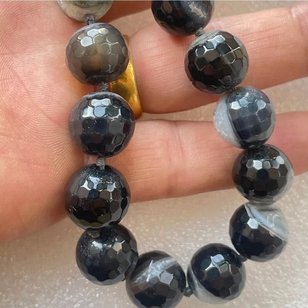 14mm Natural Faceted Black Striped Agate Onyx Gemstone Round Beaded Necklace 18"